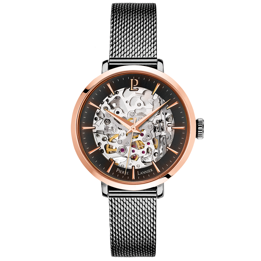 Pierre Lannier AUTOMATISK damklocka stålboett grå Milanese stålarmband 314C988