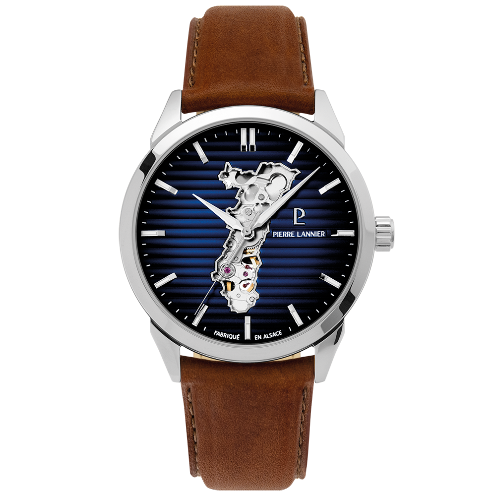 Montre homme Pierre Lannier MONARCK 316F114 – cadran bleu bracelet cuir marron – vue de face