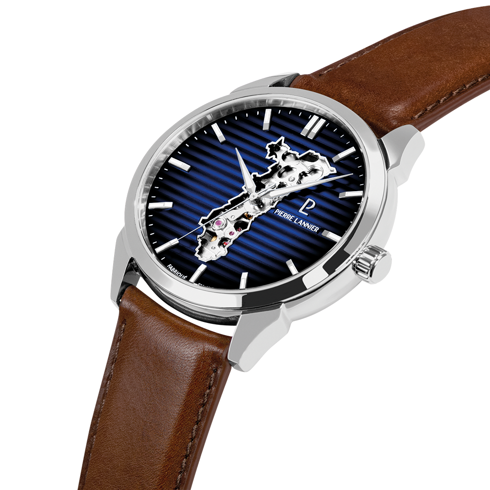 Montre homme Pierre Lannier MONARCK 316F114 – cadran bleu bracelet cuir marron – vue 3
