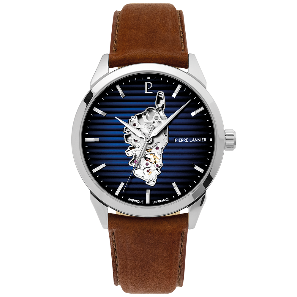 Montre homme Pierre Lannier MONARCK 316F124 – cadran bleu bracelet cuir marron – vue de face