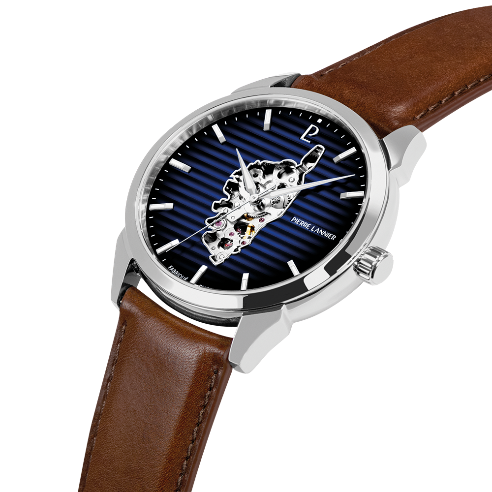 Montre homme Pierre Lannier MONARCK 316F124 – cadran bleu bracelet cuir marron – vue 3