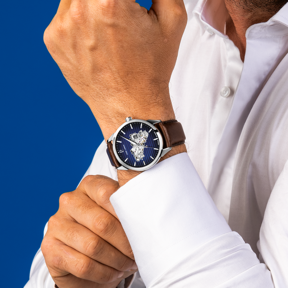 Montre homme Pierre Lannier MONARCK 316F134 – cadran bleu bracelet cuir marron – vue 2