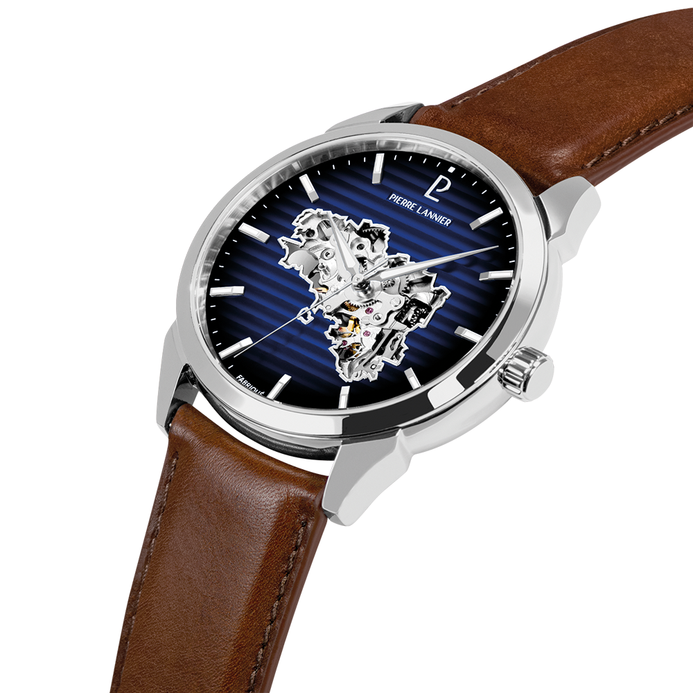 Montre homme Pierre Lannier MONARCK 316F134 – cadran bleu bracelet cuir marron – vue 3