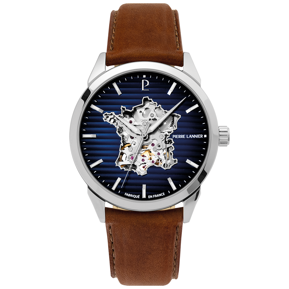 Montre homme Pierre Lannier MONARCK 316F164 – cadran bleu bracelet cuir marron – vue de face