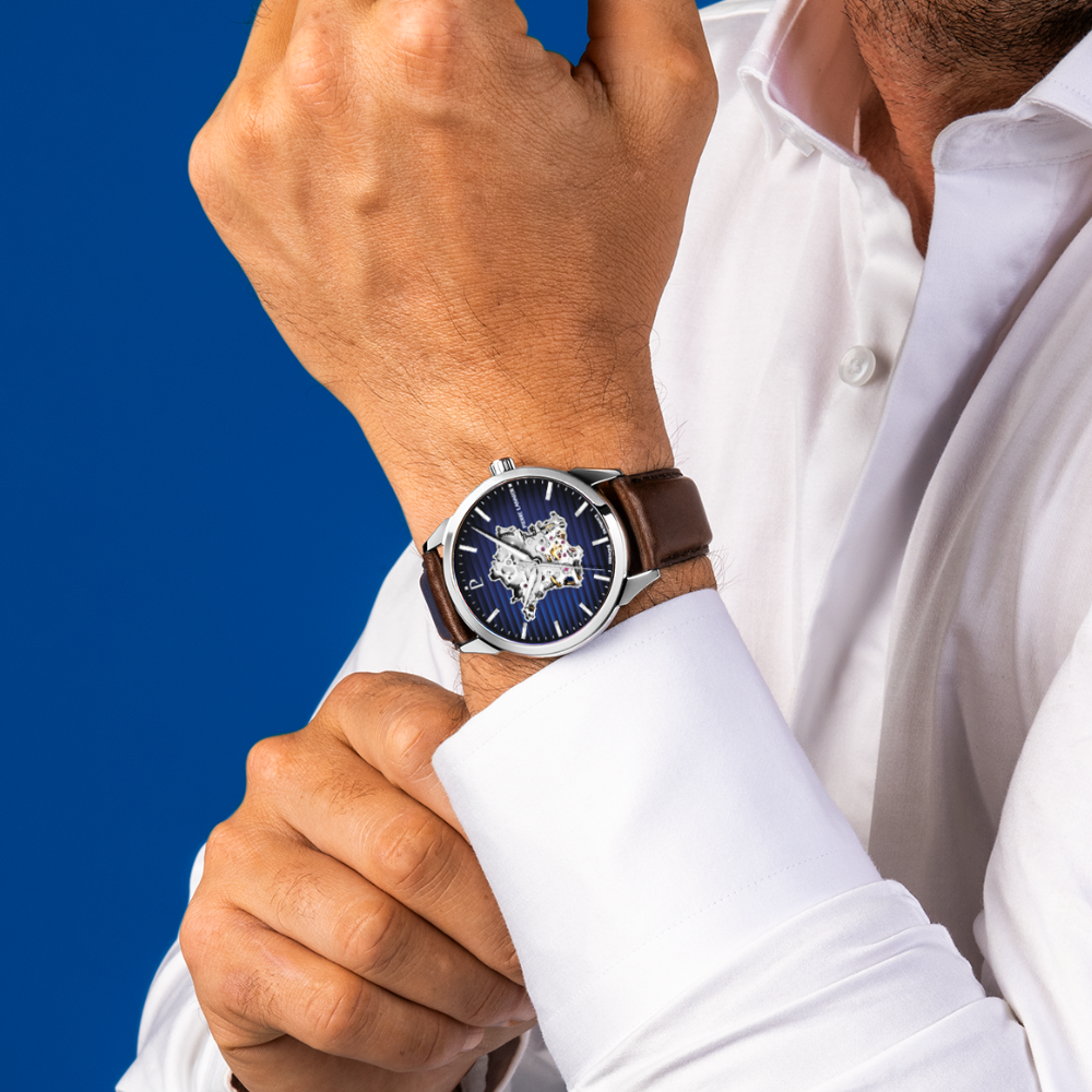 Montre homme Pierre Lannier MONARCK 316F164 – cadran bleu bracelet cuir marron – vue 2