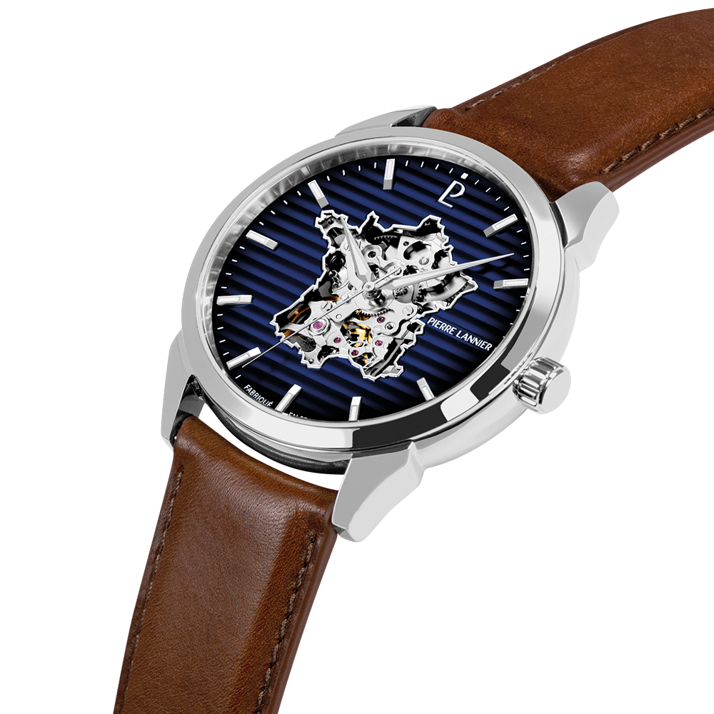 Montre homme Pierre Lannier MONARCK 316F164 – cadran bleu bracelet cuir marron – vue 3