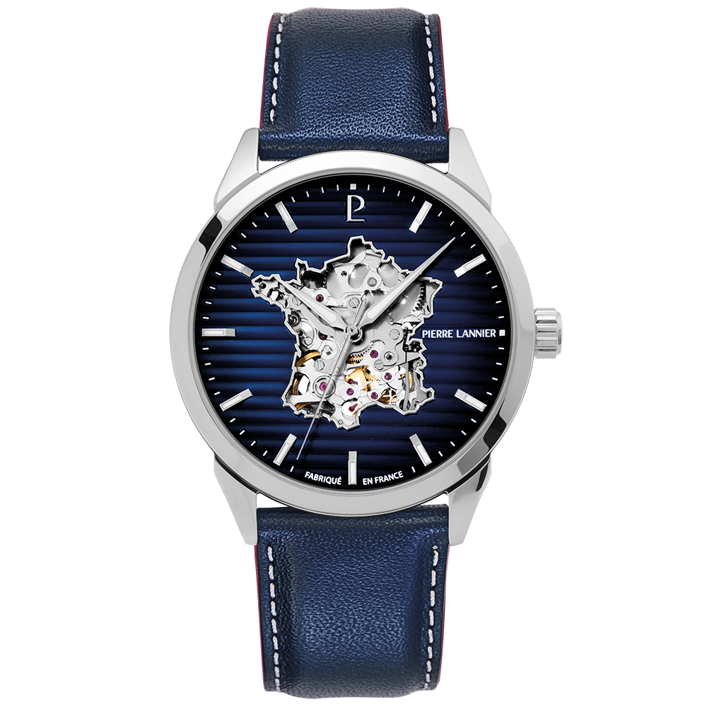 Pierre Lannier MONARCK herenhorloge zilveren kast blauwe leren band 316F166