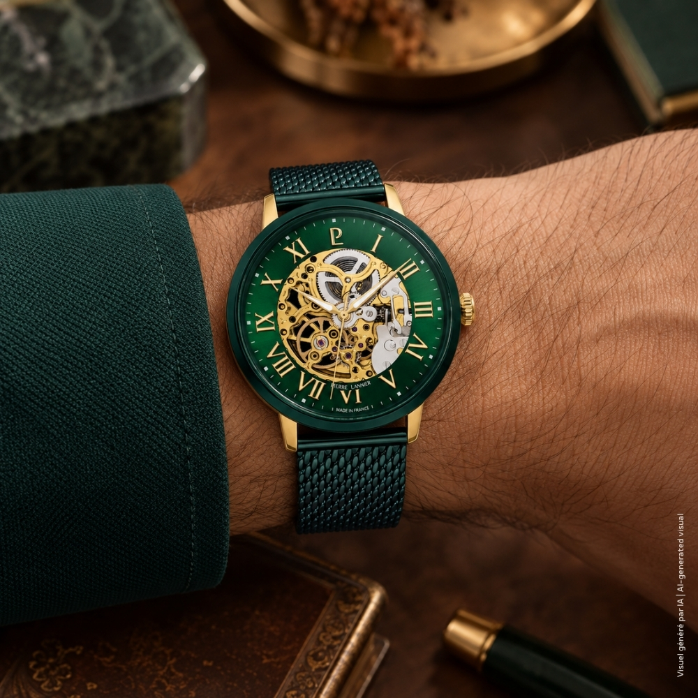 Montre homme Pierre Lannier AUTOMATIC 318B279 – cadran vert bracelet milanais vert – vue 2