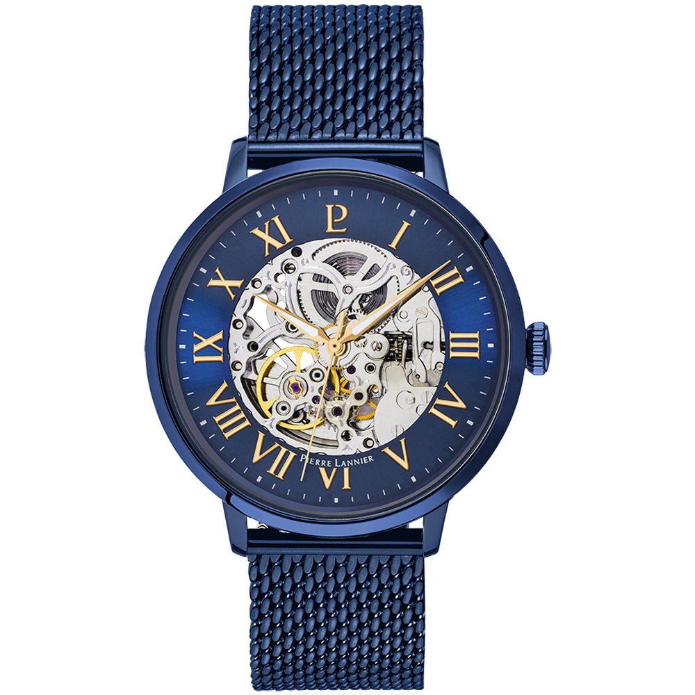 ساعة رجالية Pierre Lannier AUTOMATIC بعلبة من الفولاذ وسوار من الفولاذ الميلاني باللون الأزرق 318B468