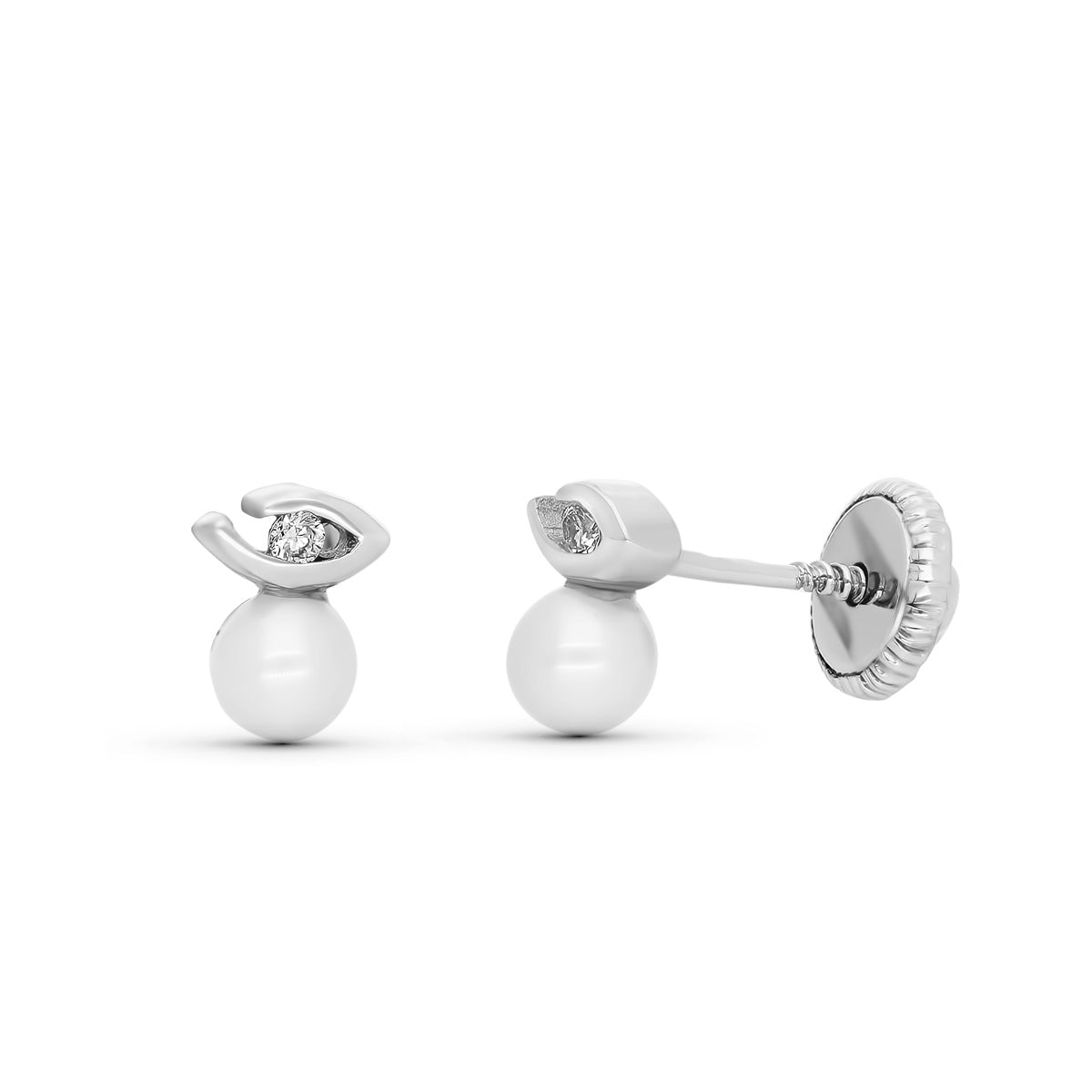 18K White Gold Earrings with Brilliant Cut Natural Diamonds and 5X4 mm Pearl Nut Clasp