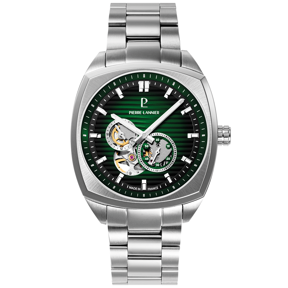 Montre homme Pierre Lannier ARCADIUS 328F171 – cadran vert bracelet acier argenté – vue de face