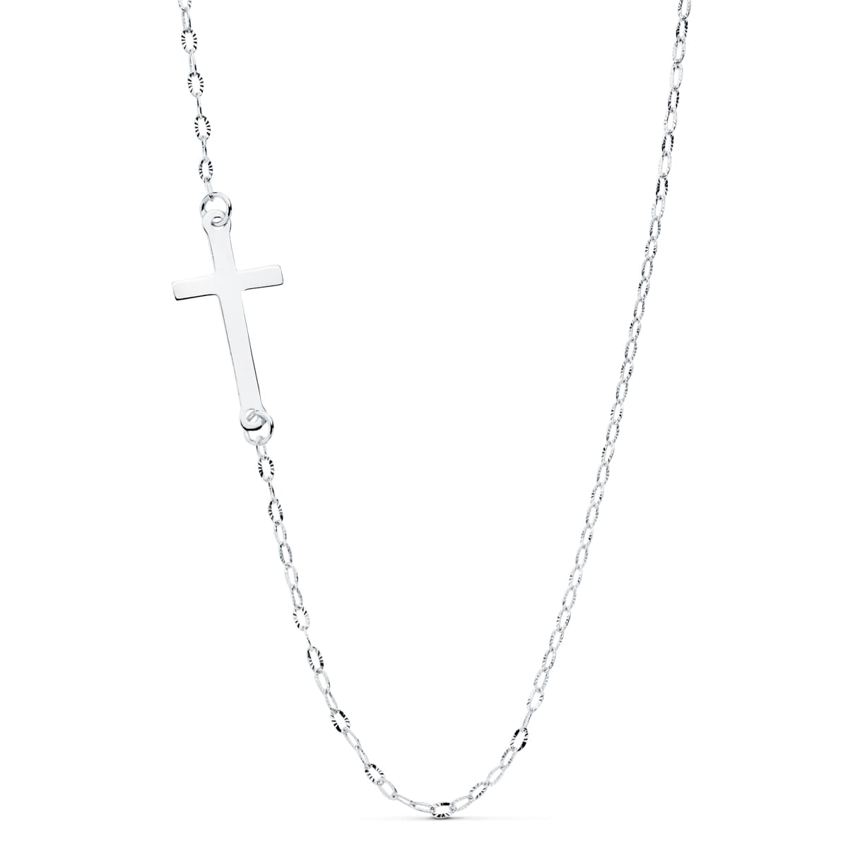 18K Collier Or Blanc Croix 17X8 mm Chaine Forçat 42 Cm