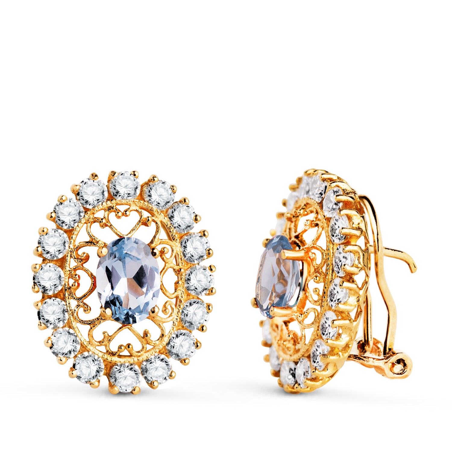 Boucles d'oreilles Or Jaune 18K Pierre Aigue-marine 7X5 mm avec Zircone Mesure: 19X16 mm Fermoir Omega