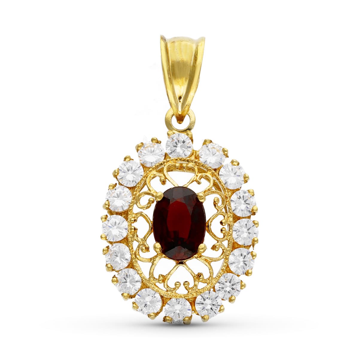 18K Pendentif Or Jaune Filigrane Ovale Grenat et Zircons