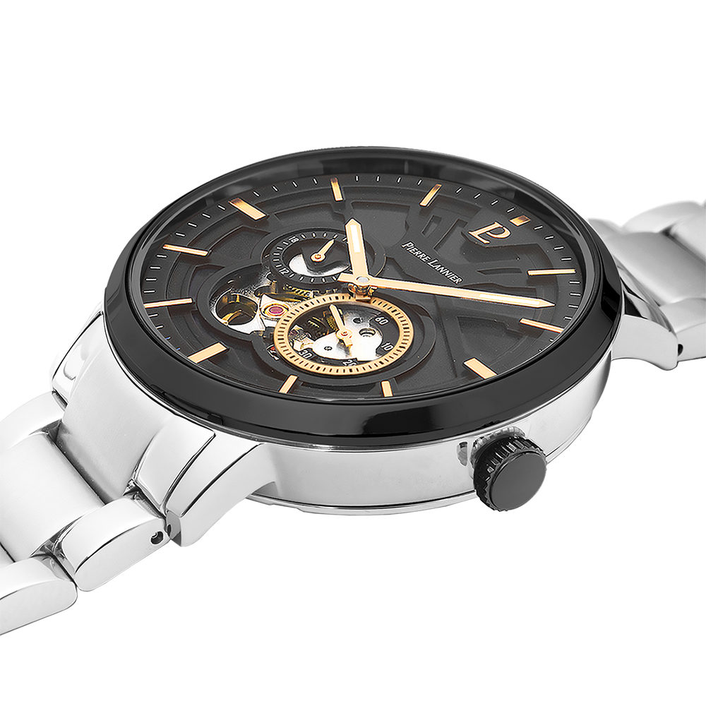 Halfmat zwarte wijzerplaat, gouden wijzers, zwarte bezel Pierre Lannier 331H131