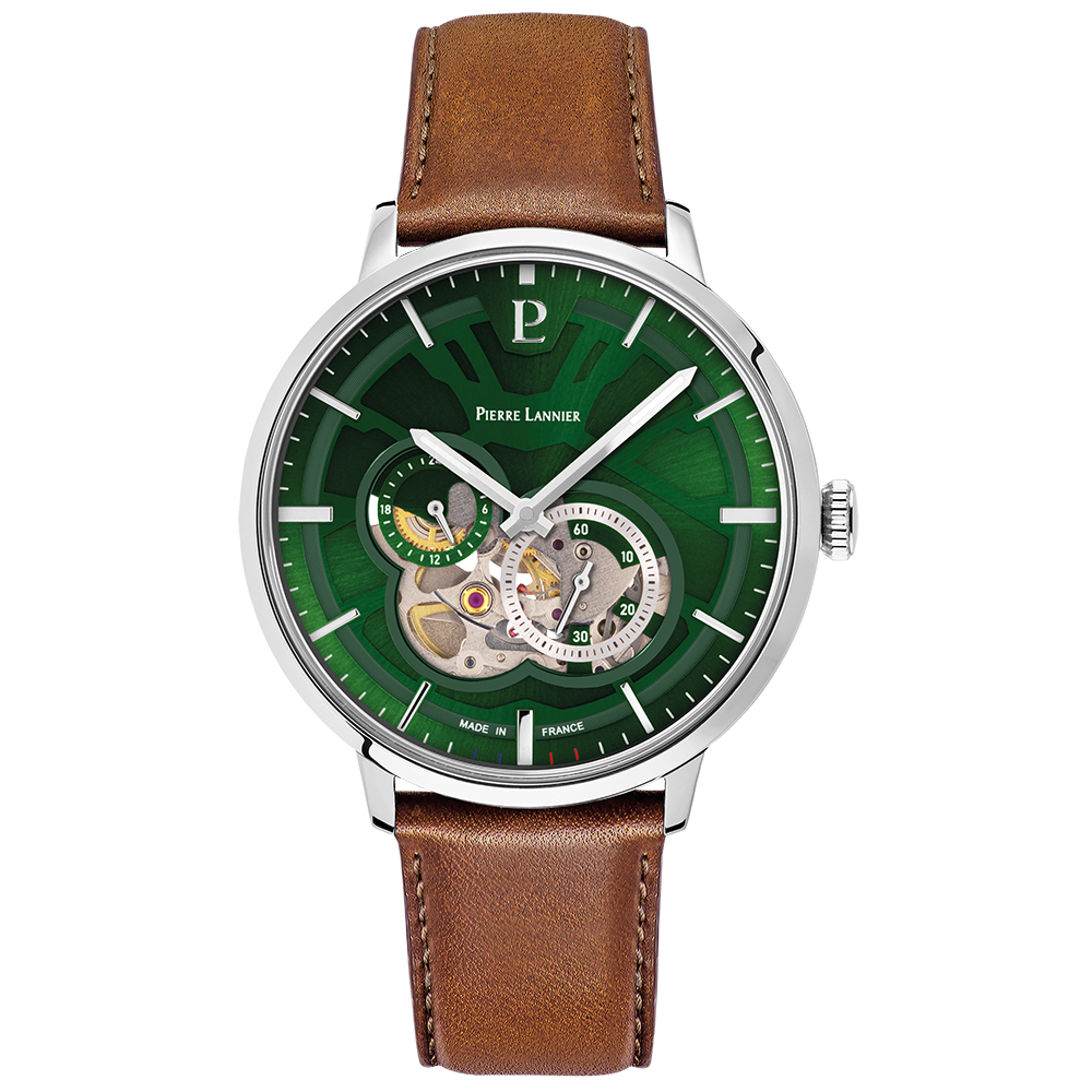 Montre homme Pierre Lannier TRIO 334B174 – cadran vert bracelet cuir marron – vue de face