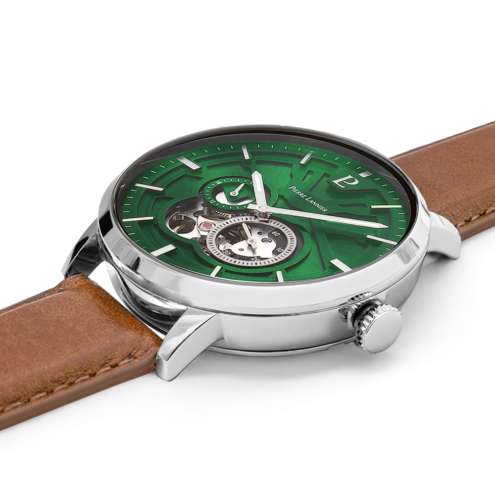 Montre homme Pierre Lannier TRIO 334B174 – cadran vert bracelet cuir marron – vue 3