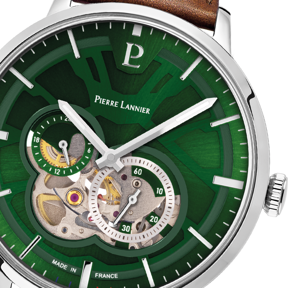 Montre homme Pierre Lannier TRIO 334B174 – cadran vert bracelet cuir marron – vue 4