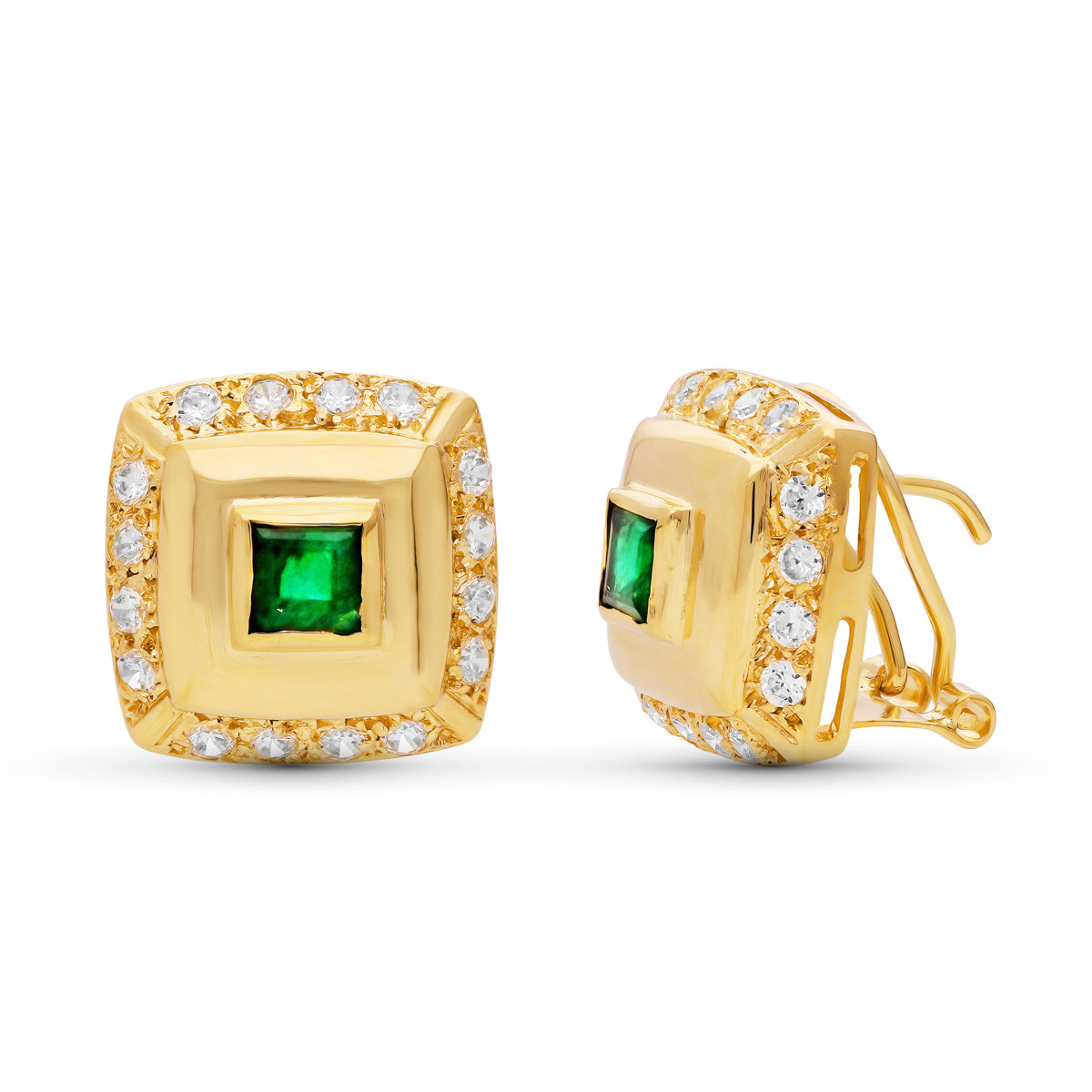 Boucles d'oreilles Or Jaune 18K Zircone 14X14 mm Fermoir Omega