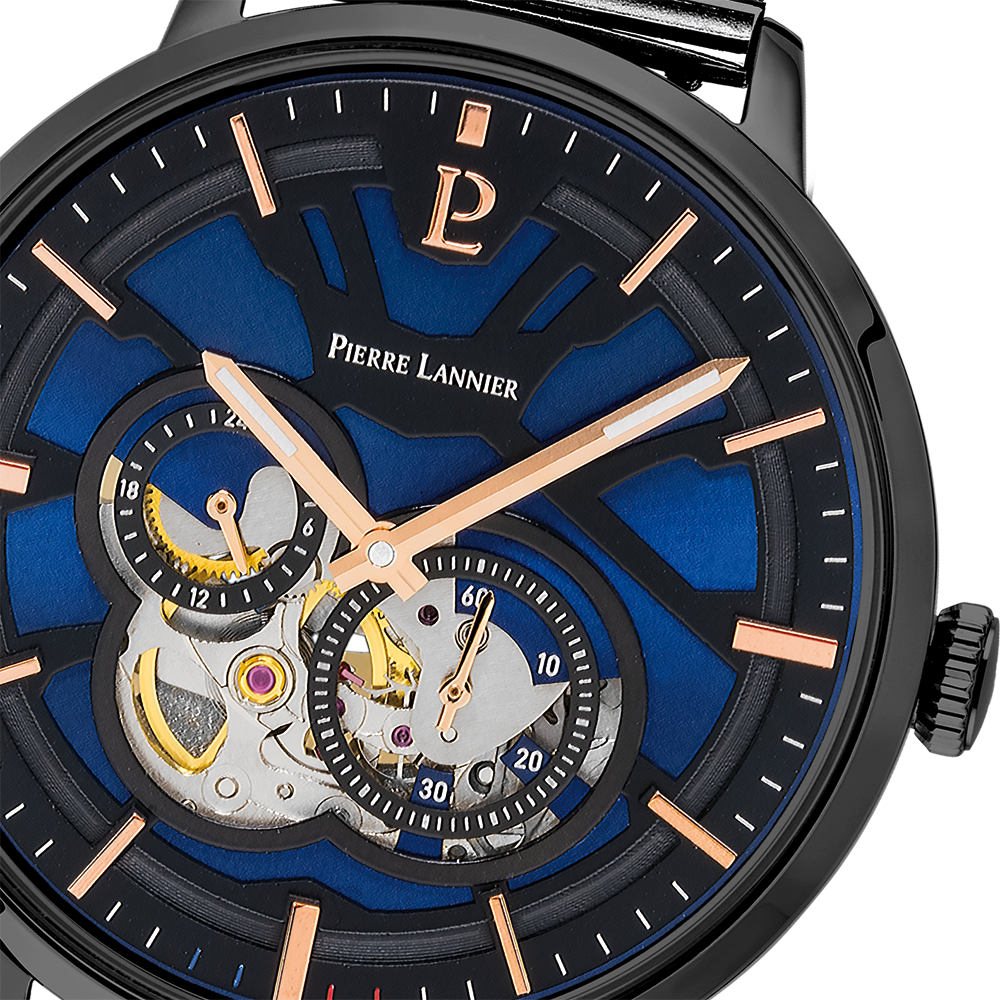 Glanzende blauwe wijzerplaat, roségoudkleurige wijzers, tijdloze bezel Pierre Lannier 335B469