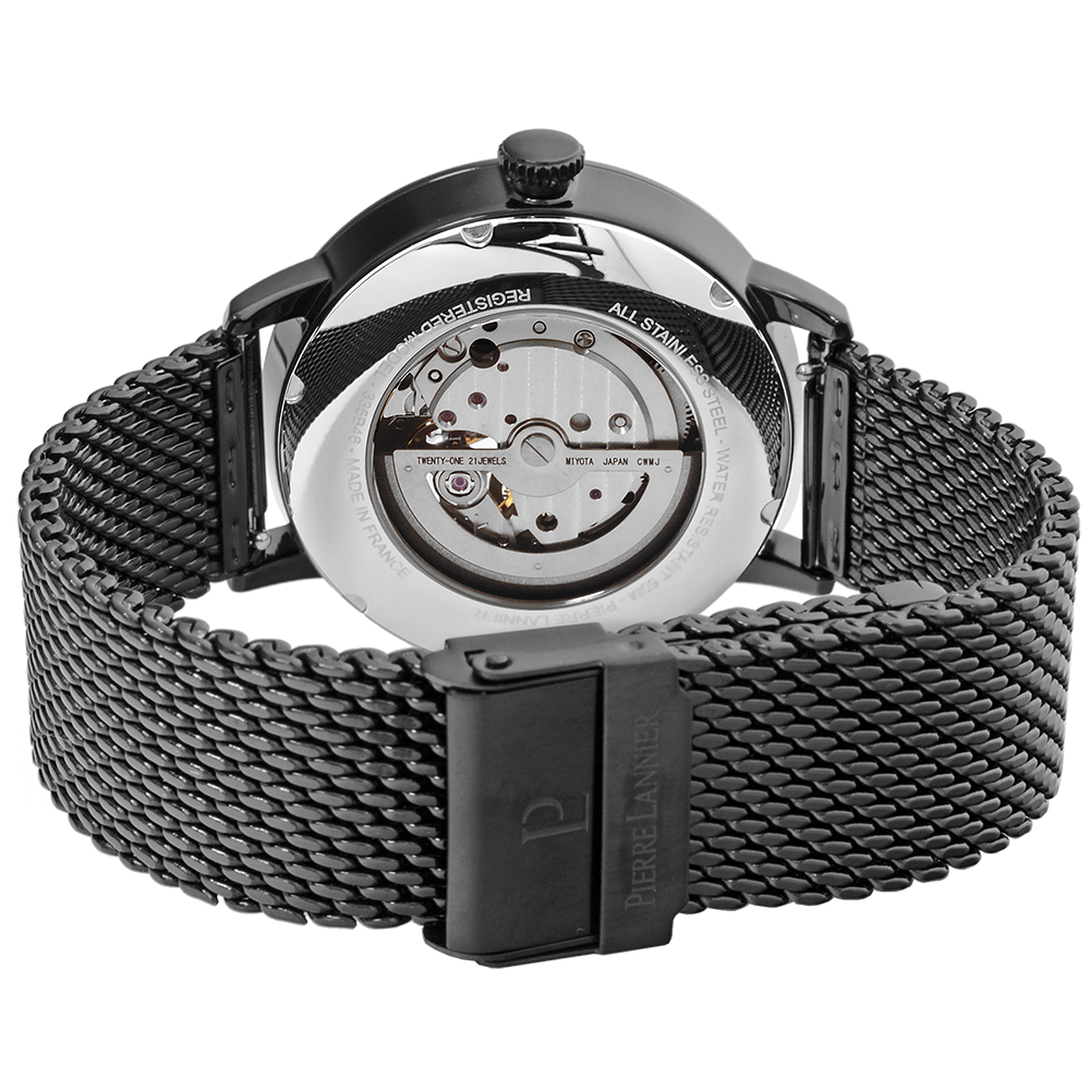 Glanzende blauwe wijzerplaat, roségoudkleurige wijzers, tijdloze bezel Pierre Lannier 335B469