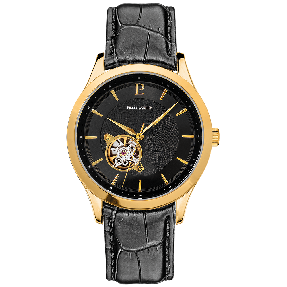 Montre homme Pierre Lannier FLEURET 336B033 – cadran noir bracelet cuir noir – vue de face