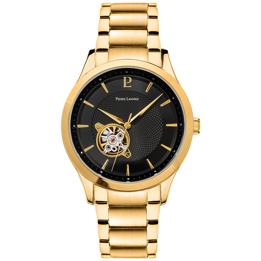 Montre homme Pierre Lannier FLEURET 337B032 – cadran noir bracelet acier doré – vue de face