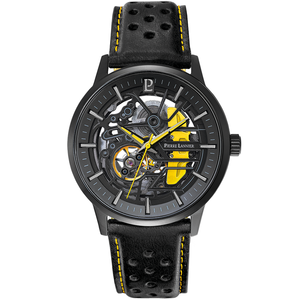 Montre homme Pierre Lannier PADDOCK 338A443 – cadran noir bracelet cuir perforé noir – vue de face