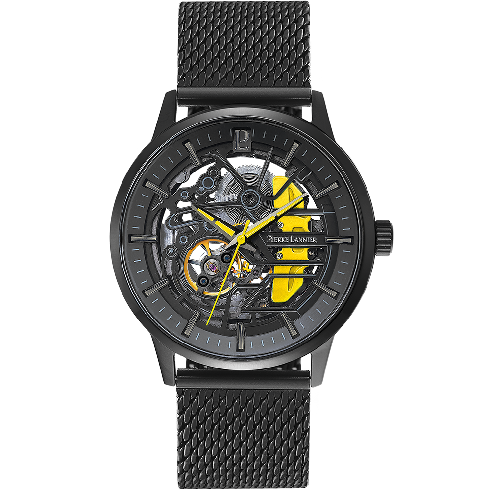 Pierre Lannier PADDOCK herenhorloge zwarte kast zwarte Milanese stalen band 338A449