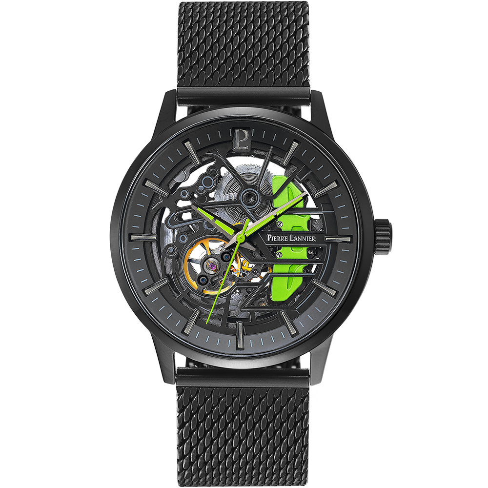 Pierre Lannier PADDOCK herenhorloge zwarte kast zwarte Milanese stalen band 338A469