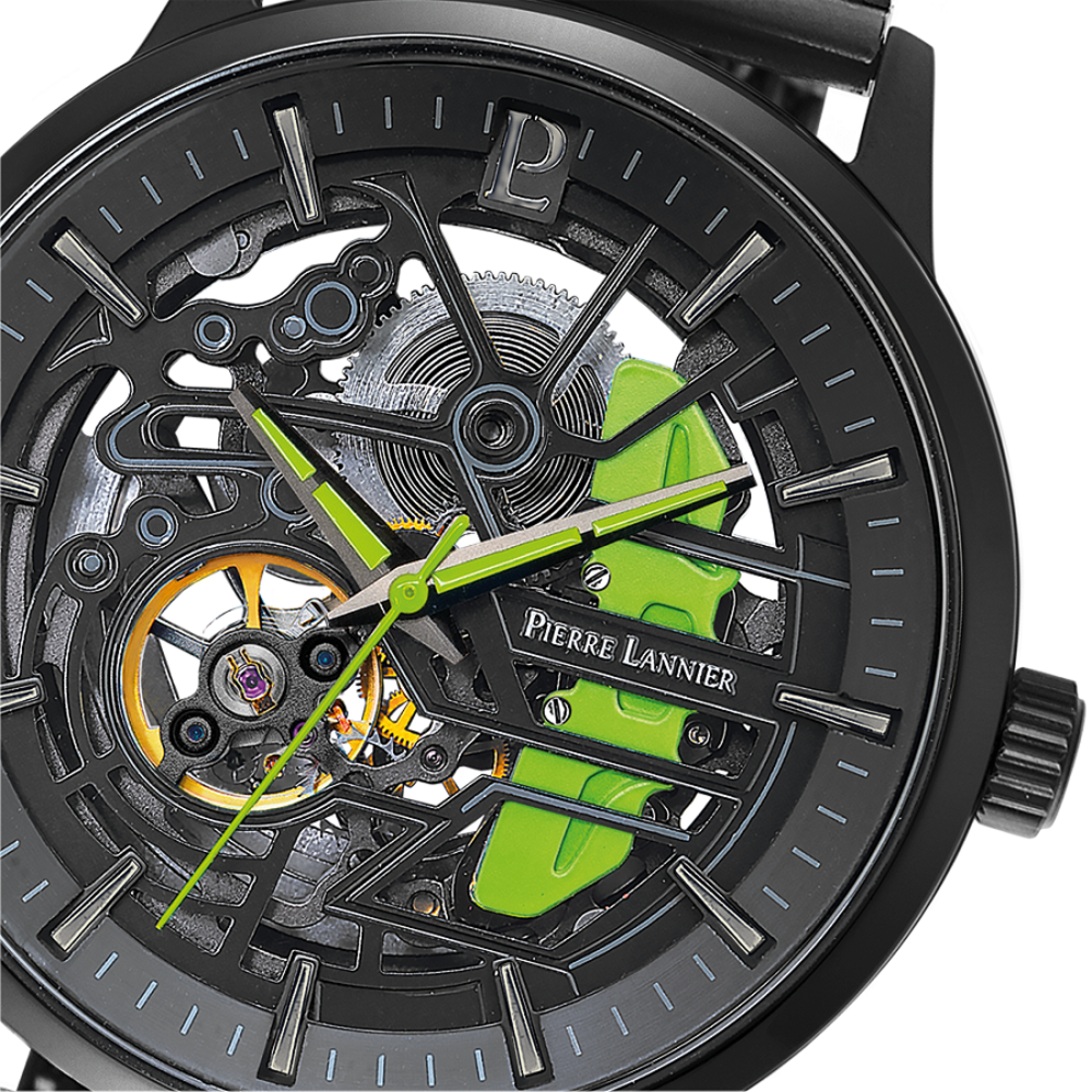 Halfmat zwarte skeleton wijzerplaat, grijs/groene wijzers Pierre Lannier 338A469