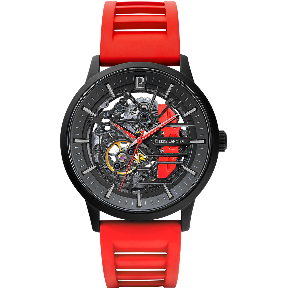 Montre homme Pierre Lannier PADDOCK 341A459 – cadran noir bracelet caoutchouc rouge – vue de face