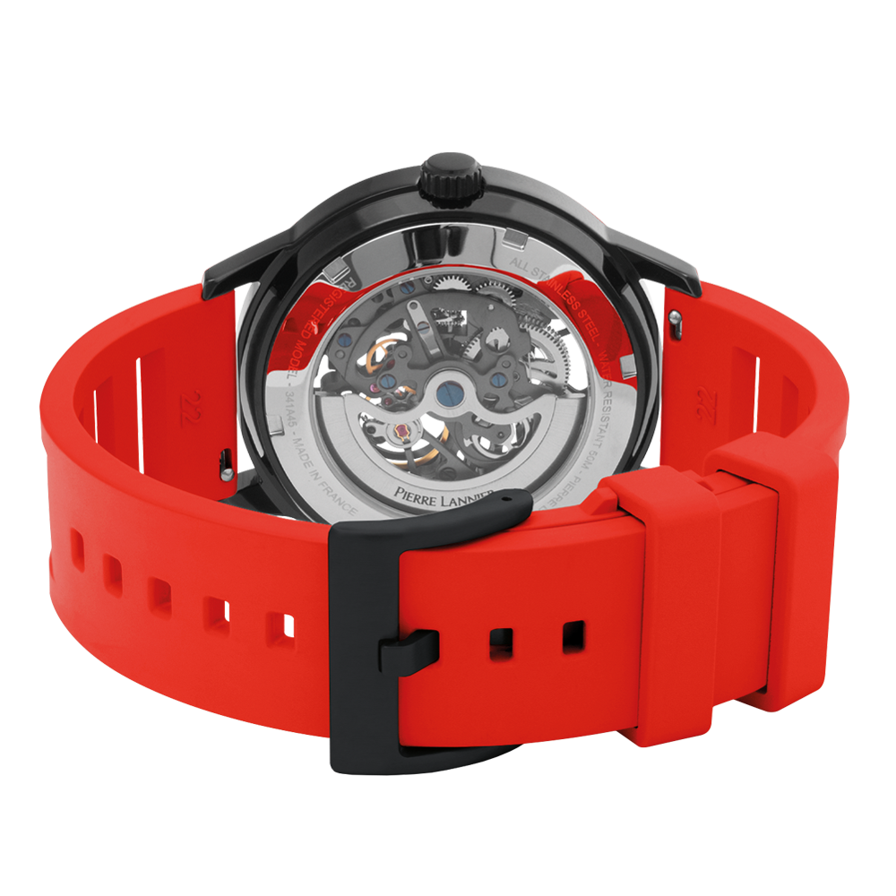 Montre homme Pierre Lannier PADDOCK 341A459 – cadran noir bracelet caoutchouc rouge – vue 5