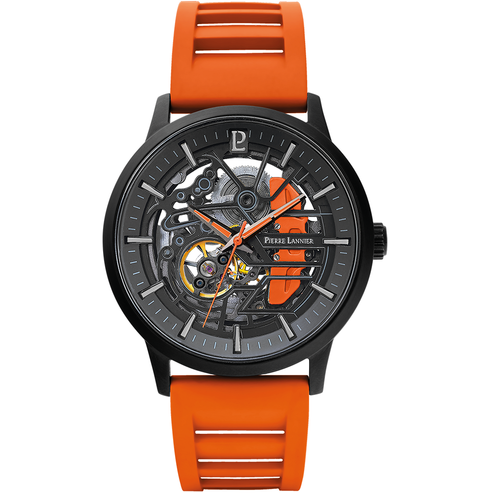 Montre homme Pierre Lannier PADDOCK 341A499 – cadran noir bracelet caoutchouc orange – vue de face