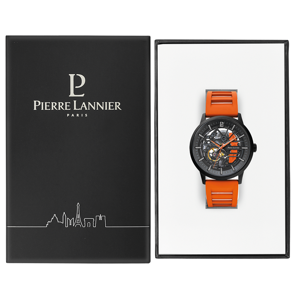 Montre homme Pierre Lannier PADDOCK 341A499 – cadran noir bracelet caoutchouc orange – vue 3