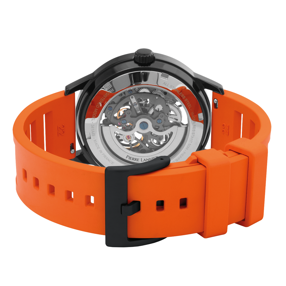 Montre homme Pierre Lannier PADDOCK 341A499 – cadran noir bracelet caoutchouc orange – vue 6