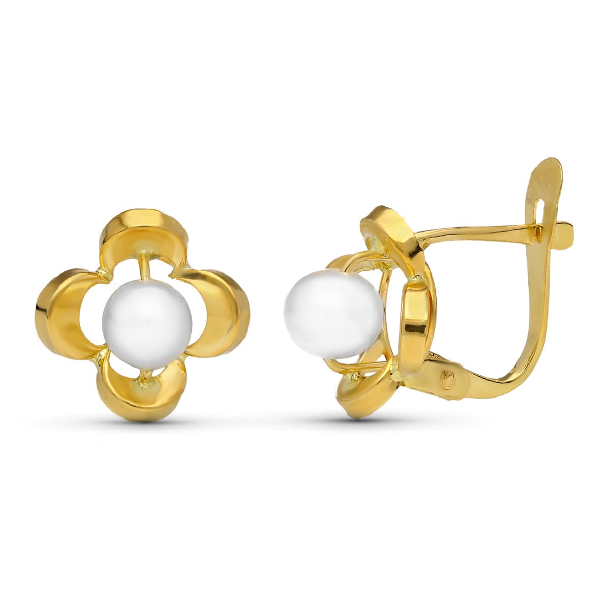 Boucles d'oreilles Fleur et Perle Or Jaune 18K 10X10 mm Fermoir Catalan