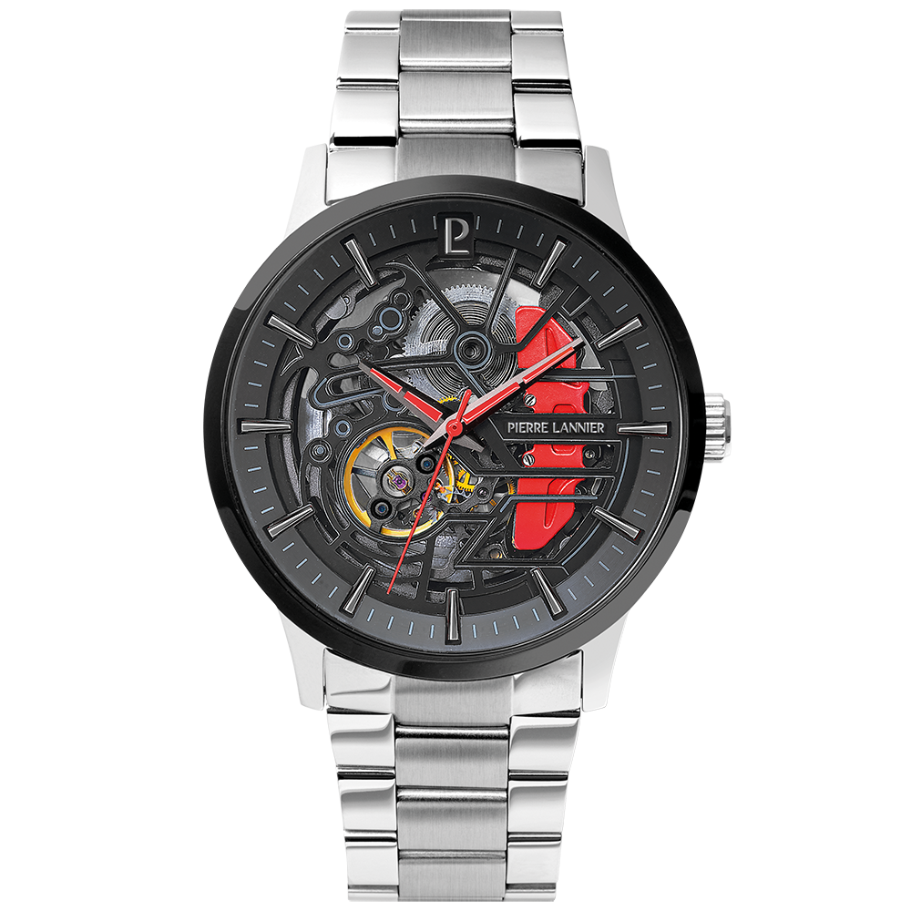 Montre homme Pierre Lannier PADDOCK 343B151 – cadran noir bracelet acier argenté – vue de face