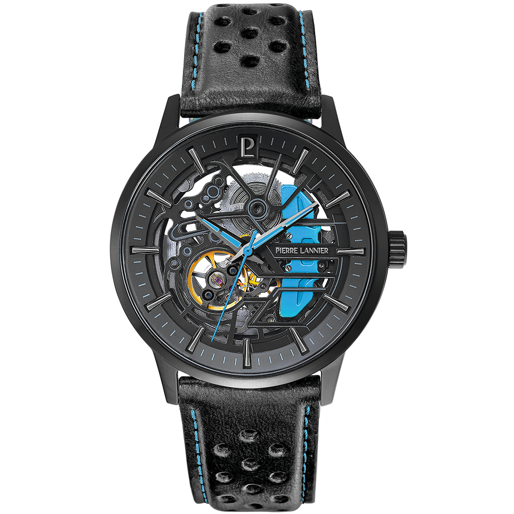 Montre homme Pierre Lannier PADDOCK 345A466 – cadran noir bracelet cuir noir – vue de face