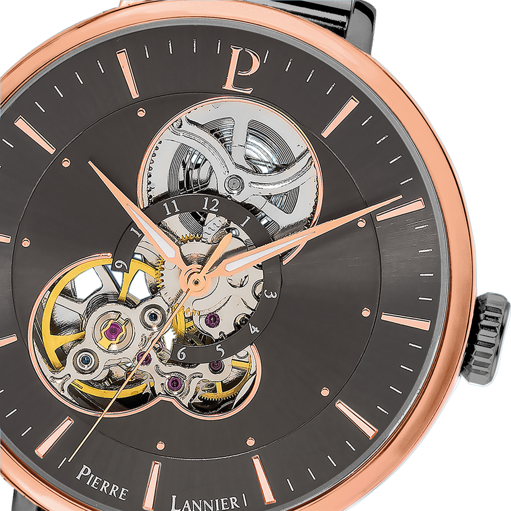 Glanzende grijze wijzerplaat, roségouden wijzers, elegante bezel Pierre Lannier 349A739