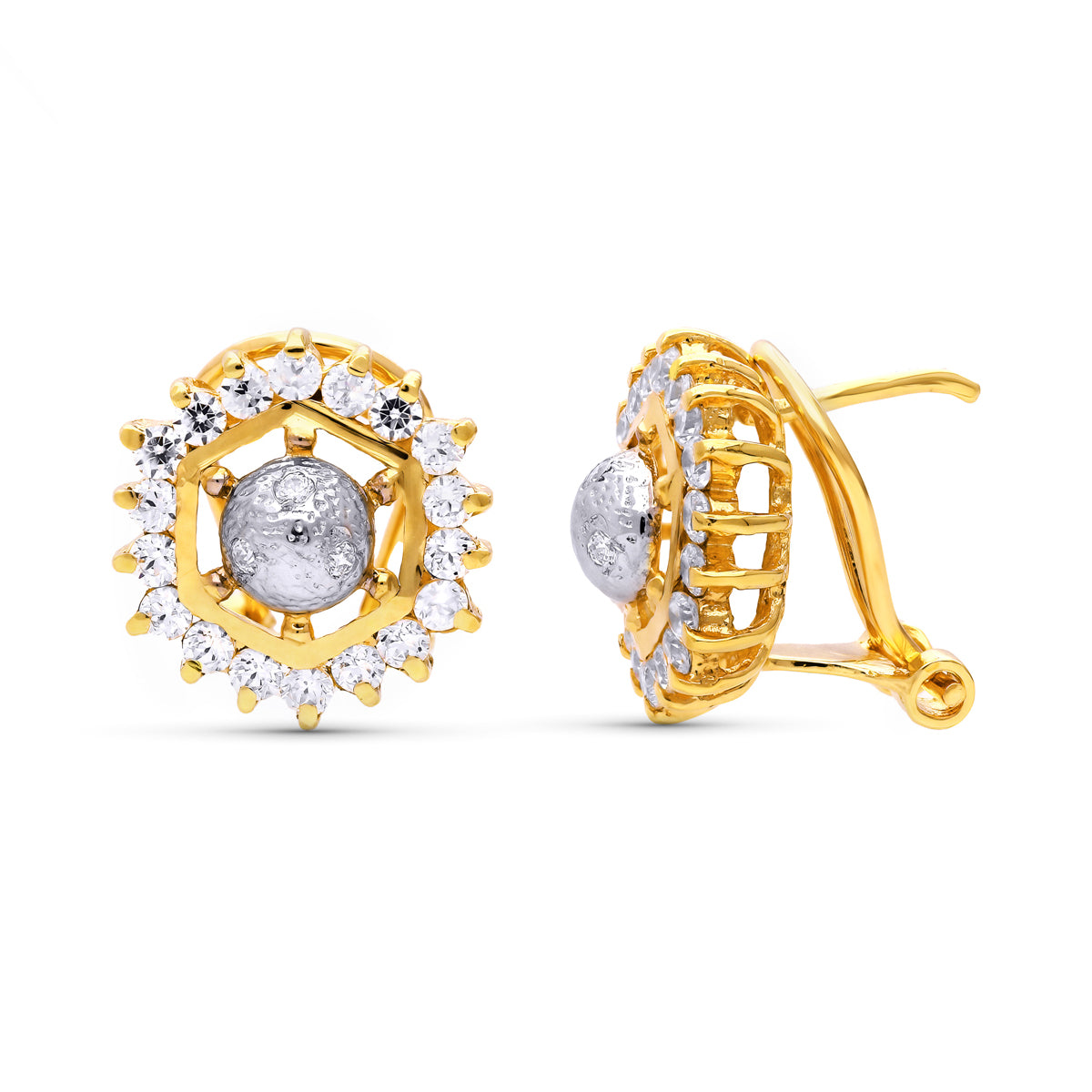 Pendientes de Oro Bicolor de 18K con Cierre Omega de Circonitas 12X11