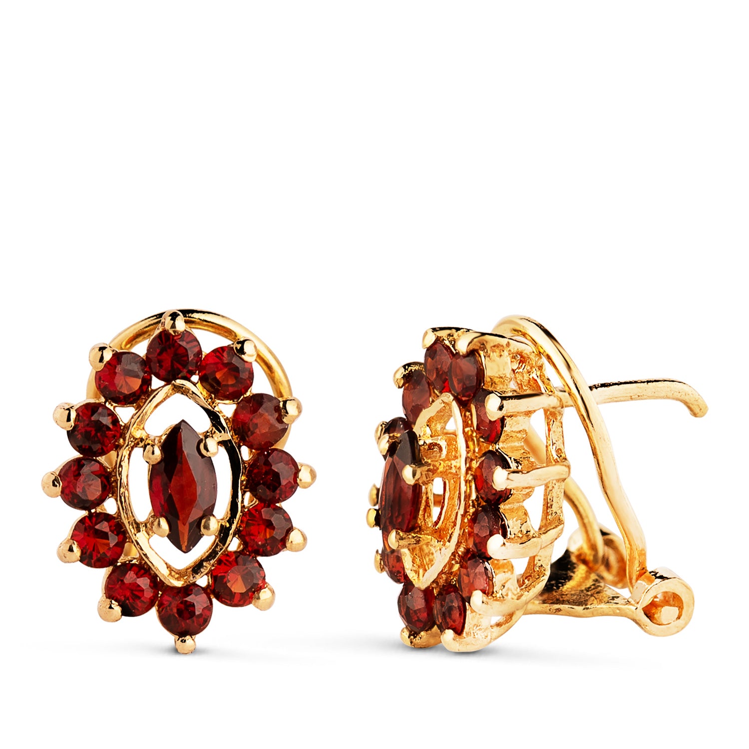 Boucles d'oreilles Or Jaune 18K Quartz Ovale avec Grenats Taille : 13,5 X 11 mm Fermoir Oméga