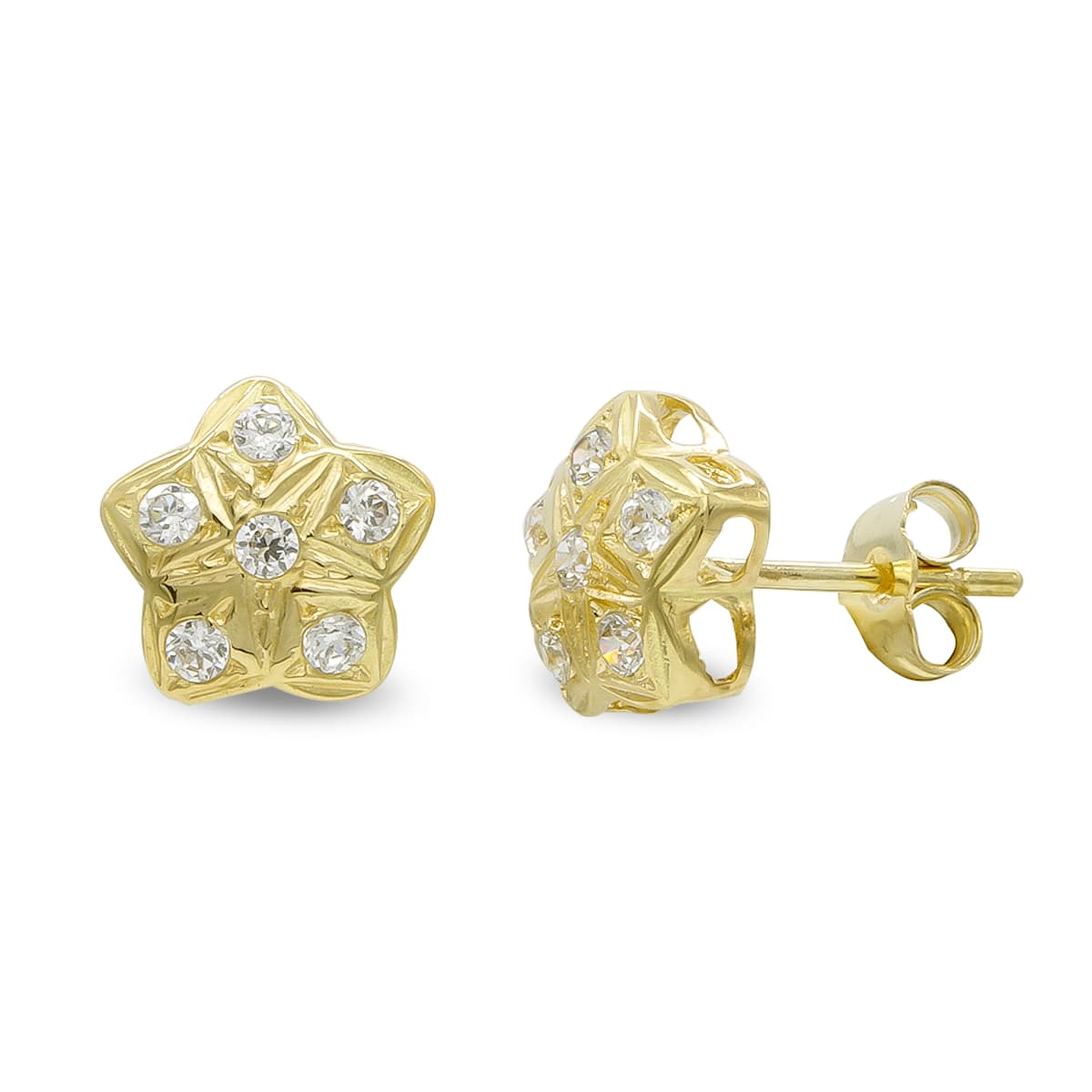 18K Boucles d'oreilles Or Jaune Étoile et Zircons Fermoir Poussettes Papillon