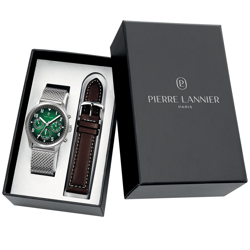 Montre homme Pierre Lannier AVIATEUR 378C171 – cadran vert bracelet cuir marron – vue de face