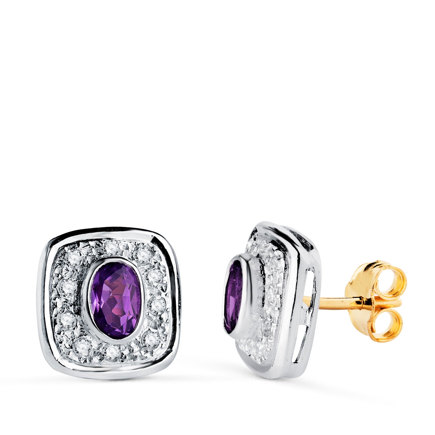 Square Earrings in 18K Two-tone Gold with Amethyst and Zircon 11X11 mm Butterfly Clasp