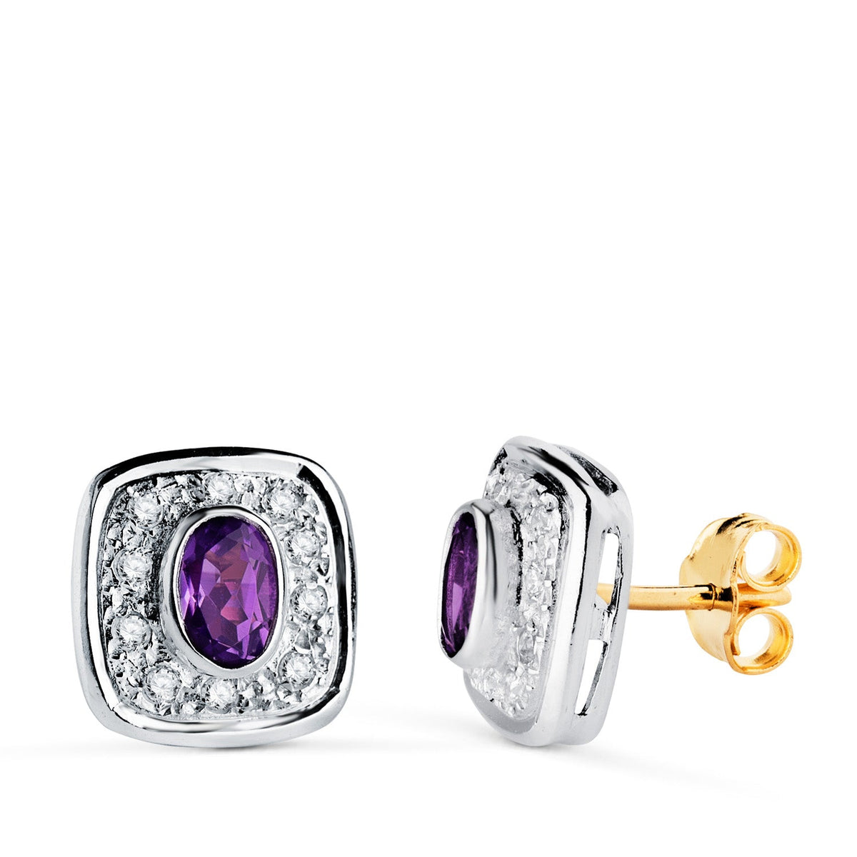 Boucles d'oreilles carrées entourage de zirconium – Or bicolore 18 carats – Améthyste