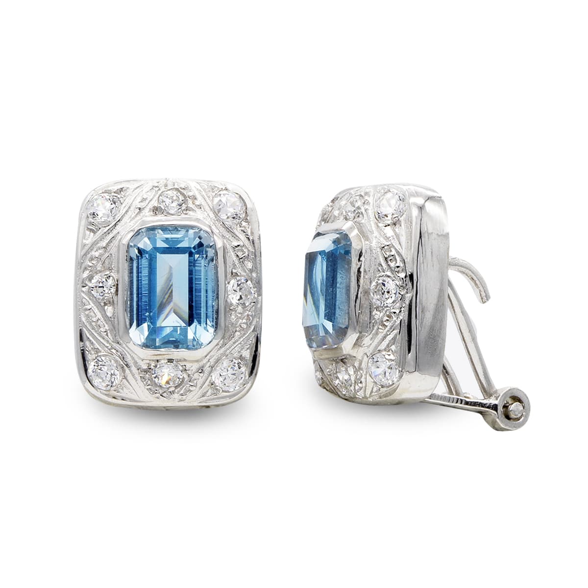 Boucles d'oreilles en Or Blanc 18K Eau de Mer et Zircon Cubique 12 X 10MM Fermoir Omega