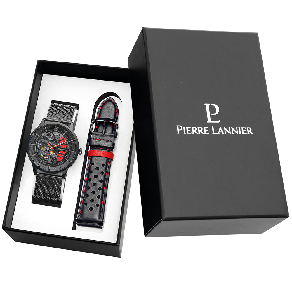 Montre homme Pierre Lannier PADDOCK 385C439 – cadran noir bracelet cuir perforé noir – vue de face