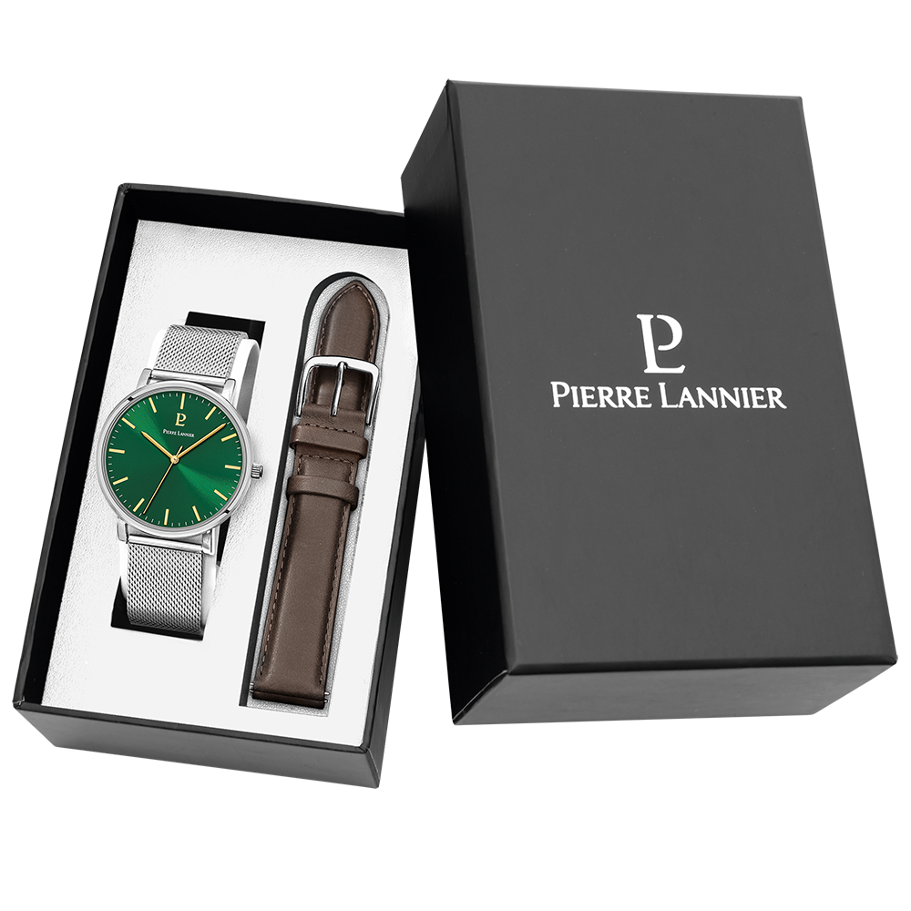 Montre homme Pierre Lannier ESSENTIAL 386C171 – cadran vert bracelet cuir marron – vue de face