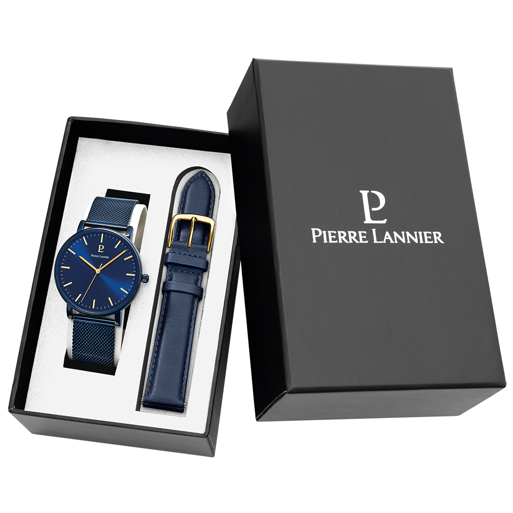 Montre homme Pierre Lannier ESSENTIAL 388C466 – cadran bleu bracelet cuir bleu – vue de face